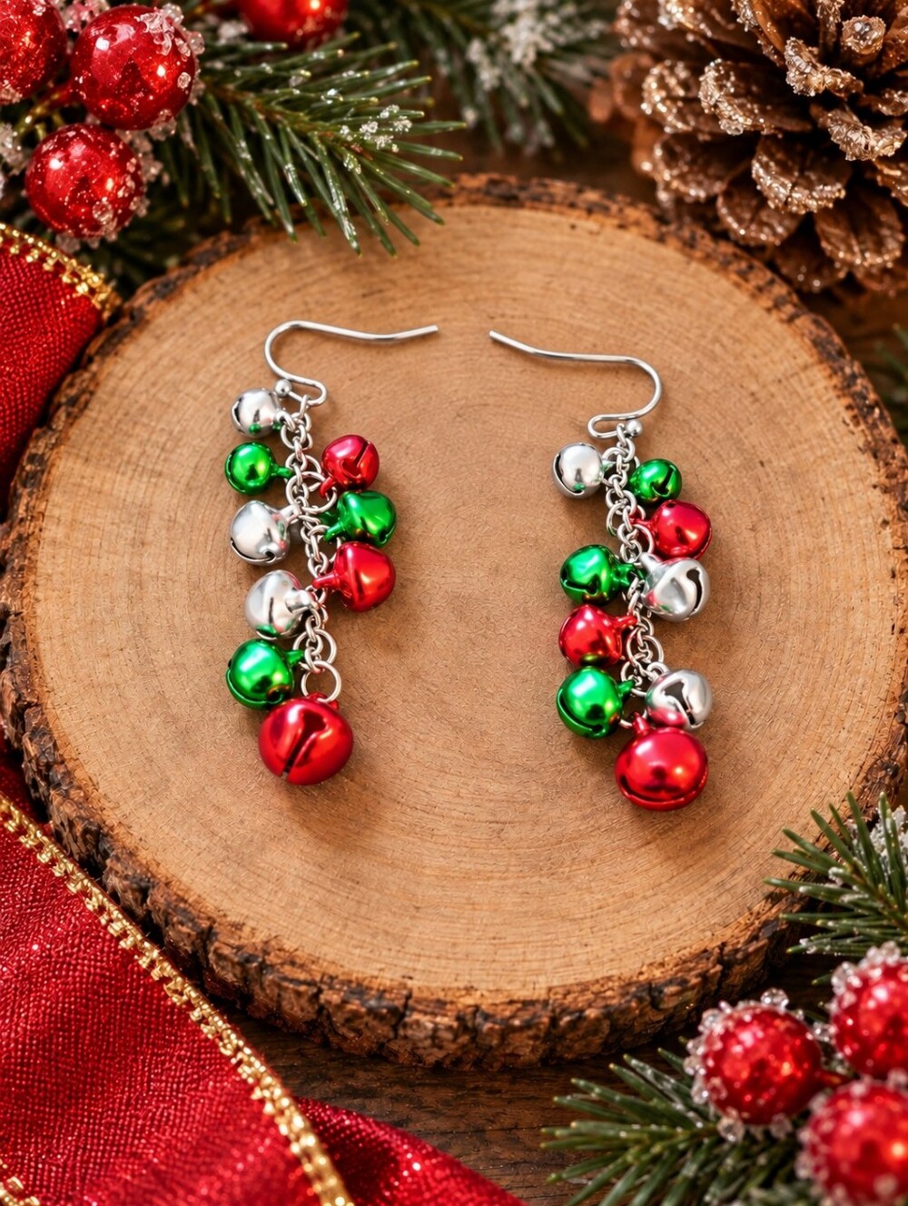 Festive Jingle Bell Dangle Earrings - Red, Green & Silver